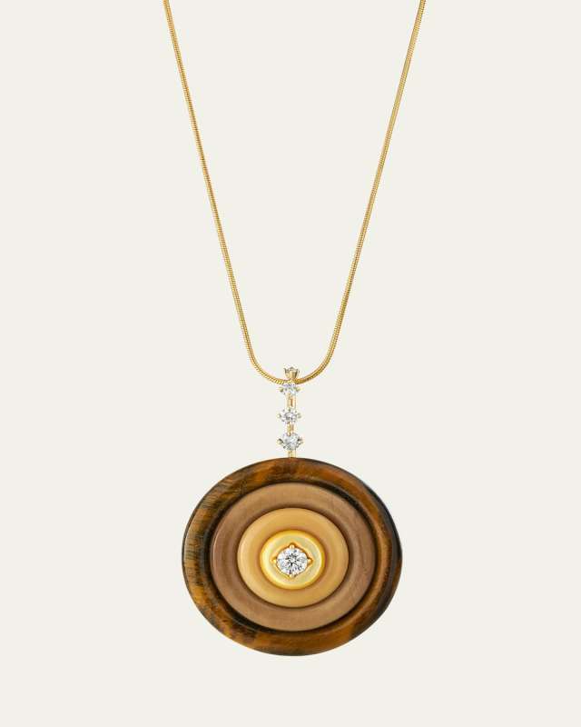 18K Yellow Gold Signal Large Pendant with Diamonds, Tigers Eye, Wood, Tagua Seed and MOP